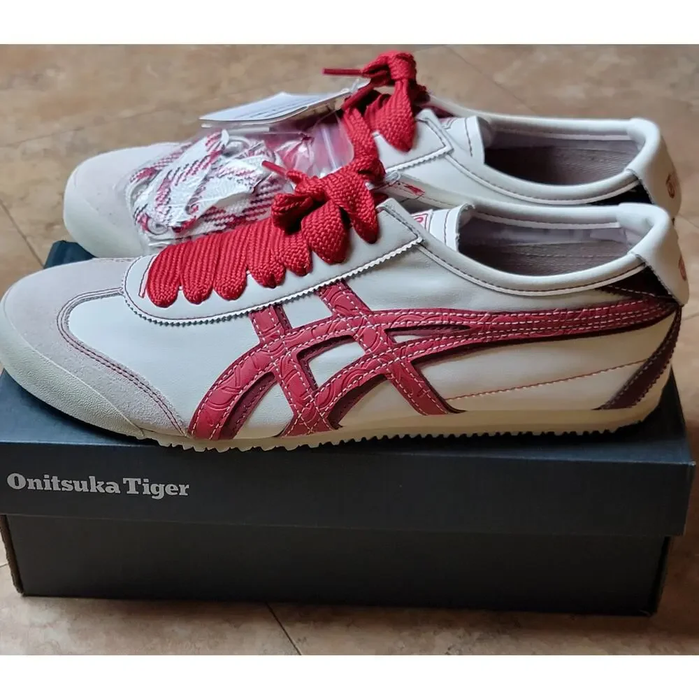 Men Sz 11 Tiger Mexico Low Top Lace Up Fashion Sneakers White Red Street Casual